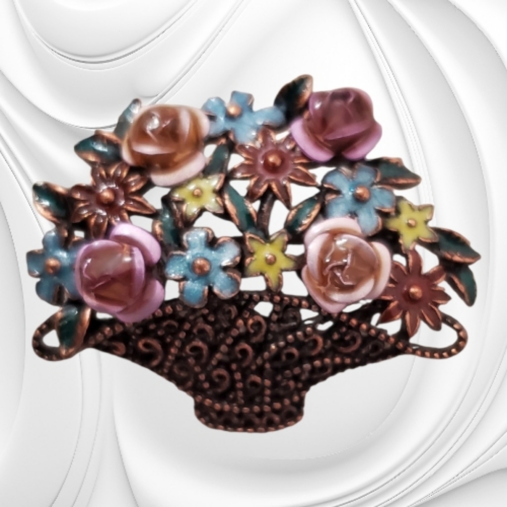 Joan Rivers Pastel Floral Basket Brooch in Pink, Blue, Yellow, Gold
